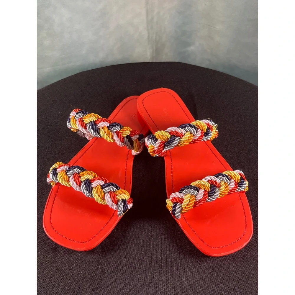 Kate Spade Valentina Slide Sandals Red Braided Multi Color Rope Straps Size 7.5B